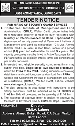 Military Lands & Cantonment Department Lahore Tender Notice